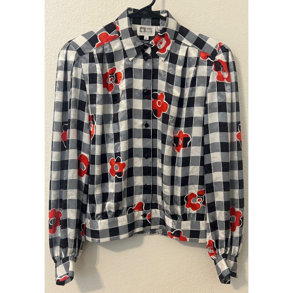 Vintage Anne Klein Women's Black White Gingham Checkered Blouse Red Poppy Size 8 - Picture 1 of 9